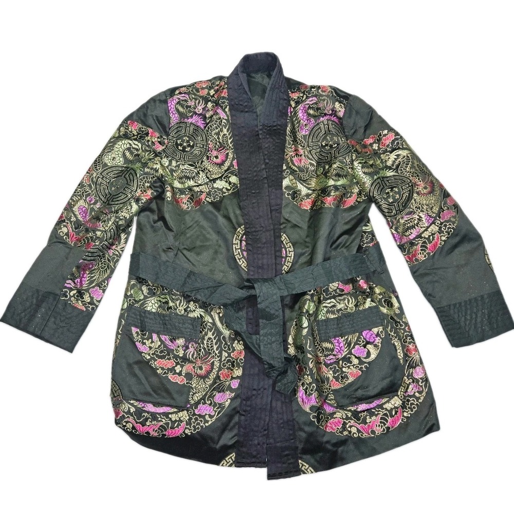 Vintage Dragon Phoenix Embroidered Silk Robe Kimono Smoking Jacket Black Gold